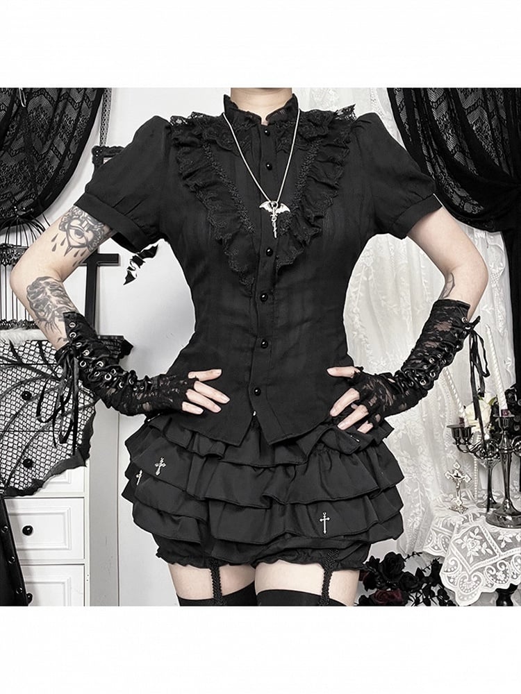 Short with Ruffled Collar Ruffle Black Gothic Sleeve Halloween Shirt