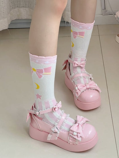 ピンクのスイートロリータ蝶結び星月ストライプ柄カーフソックス