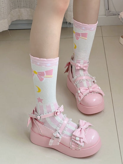 Pink Sweet Lolita Bowknot Star Moon Striped Pattern Calf Socks