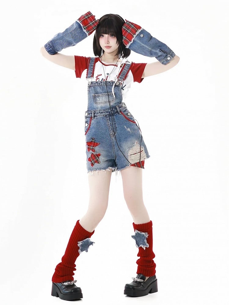 Distressed Denim Shorts Raw with Overall Appliques Blue Star Hem Holes Armwears Plaid Free