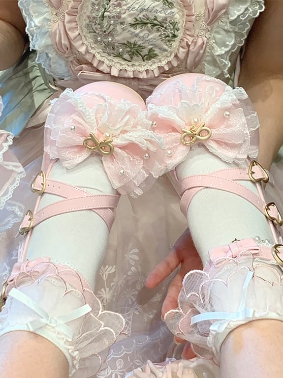 PU Pink - Lolita in Bows Janes Hime Light Mary Mid-heel Decor