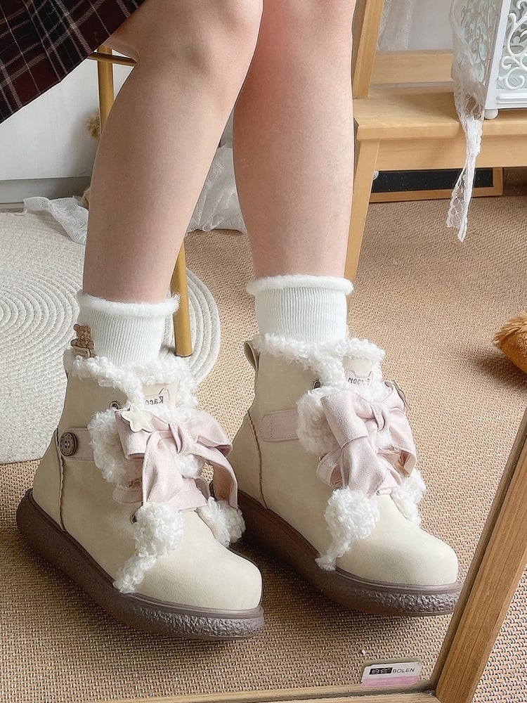 in Classic Decor Lolita Pink Bow Boots Lining Plush Lacing Sweet Beige with