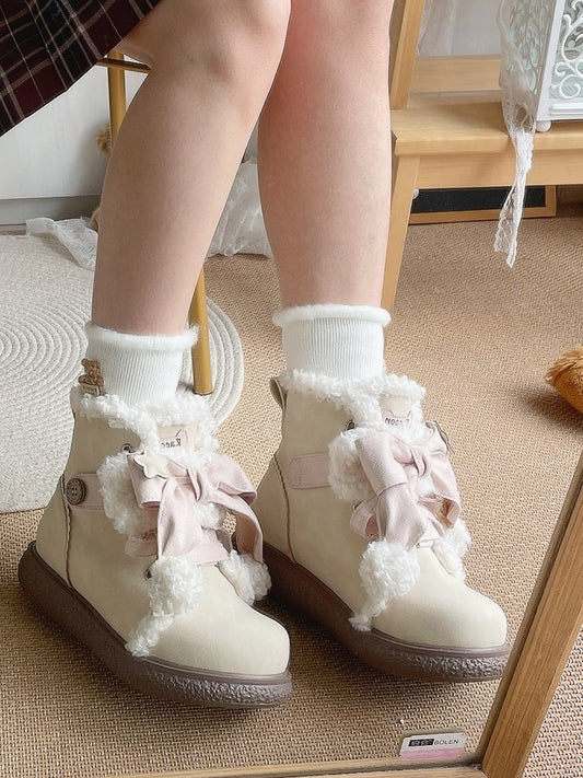 in Classic Decor Lolita Pink Bow Boots Lining Plush Lacing Sweet Beige with