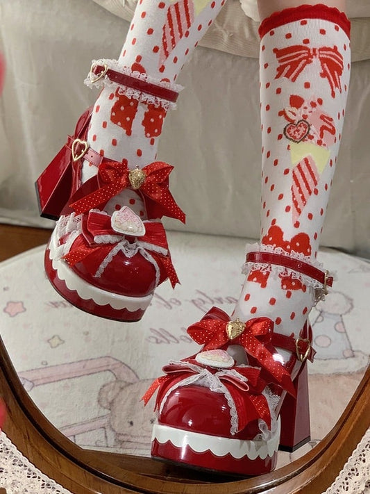 - Bow Lolita High Closure Heels Details Heart Strawberry Modifiable Themed Sweet Block Red