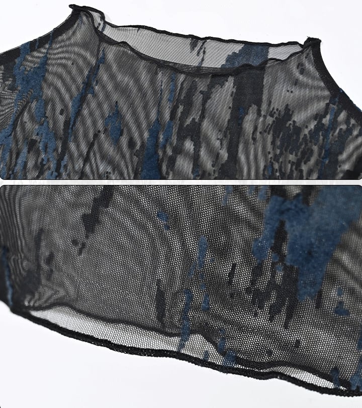 Grunge Punk Rock Fairycore Blau und Schwarz Glockenärmel Mesh Top