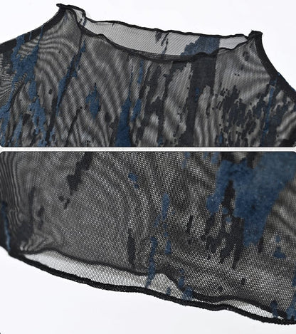 グランジ パンク ロック フェアリーコア ブルー＆ブラック ベルスリーブ メッシュトップ