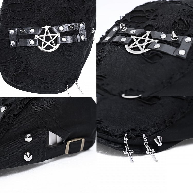 with Punk Hem Distressed Decorations Beret Raw Cross Black