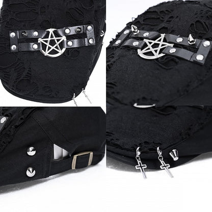 with Punk Hem Distressed Decorations Beret Raw Cross Black