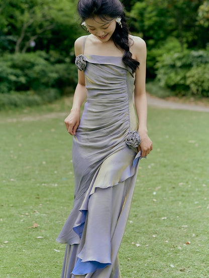 Purple Floral Mermaid Skirt Flounce Hem Cami Dress