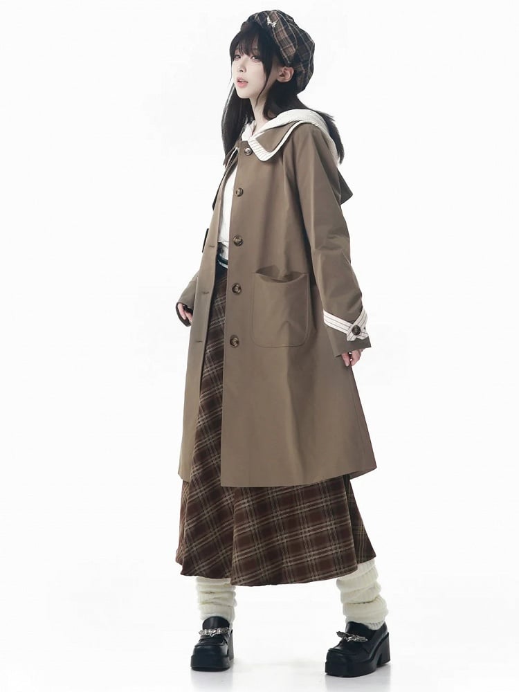 Fashion Brown Millard and Double with Waist Collar Coat Striped Long Sash
