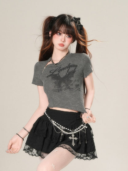 Letter Print Glamourous T-Shirt - Gray Bittersweet Crop Dark Butterfly