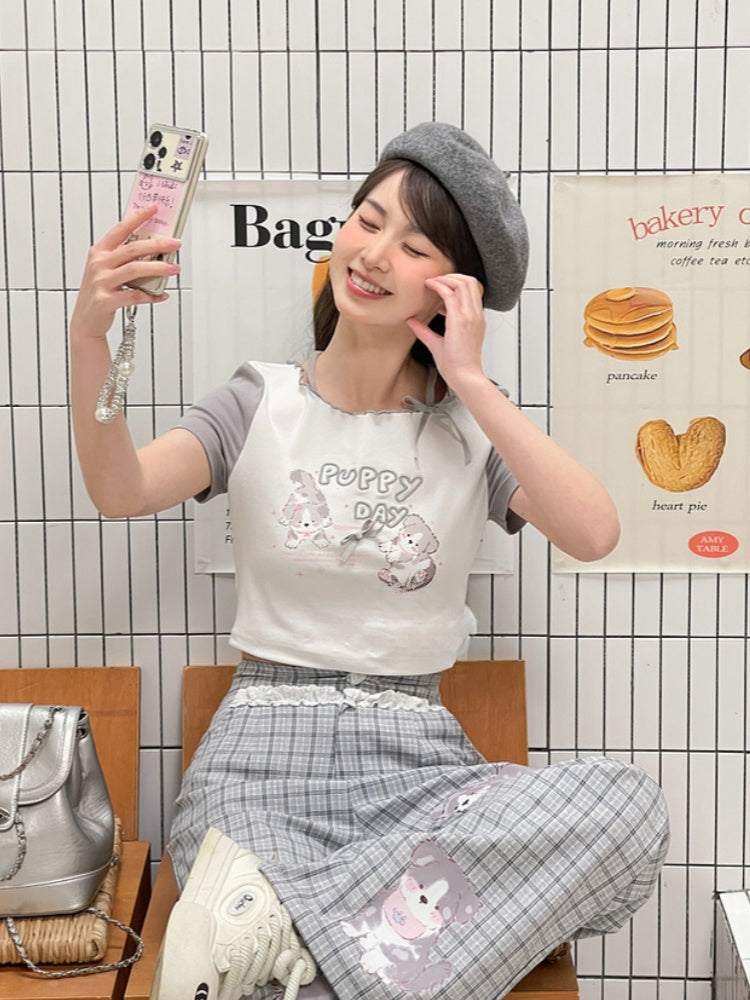 Gray Adorable Puppy Print Bowknot Long/Short Detail Version T-Shirt