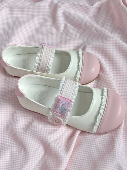 Strap Closures Plaid Lolita Flats White Toe Lace - Pink Trim Sweet Round Velcro