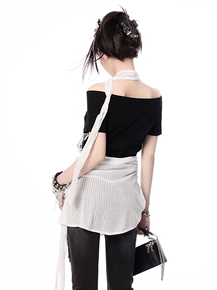 Y2K Black and White Letter Two-pieces Print Halter T-shirt