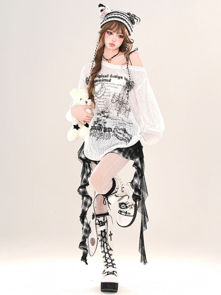 Schwarz/weißes, locker sitzendes, bedrucktes Oberteil mit asymmetrischem Ausschnitt