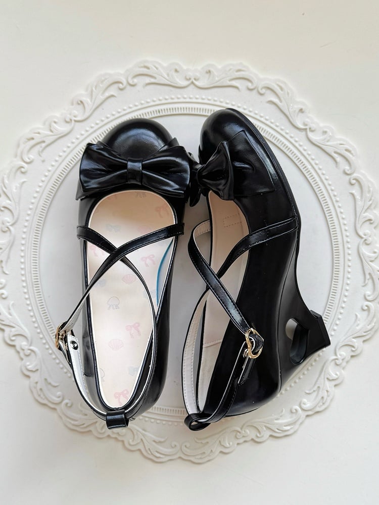 Heel Design with Matte Black Crossed Lolita Elegant 6cm Wedges