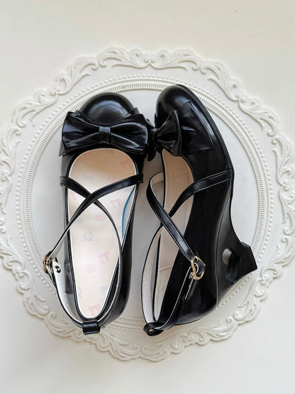 Heel Design with Matte Black Crossed Lolita Elegant 6cm Wedges