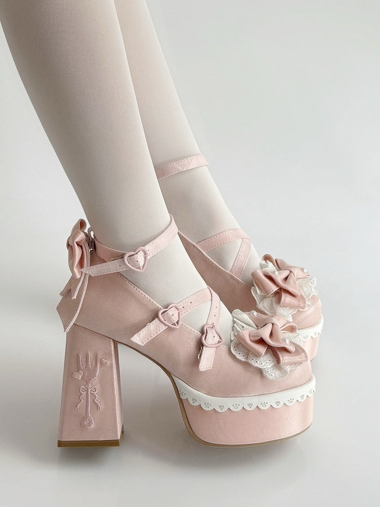 High Lace Pink Block Embroidery Buckle Heels Fork Bowknot Lolita Platform Straps