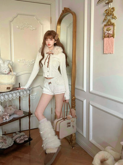 Brown Detail Lace-Trimmed With Shorts Knit Pocket Fleece Bow White