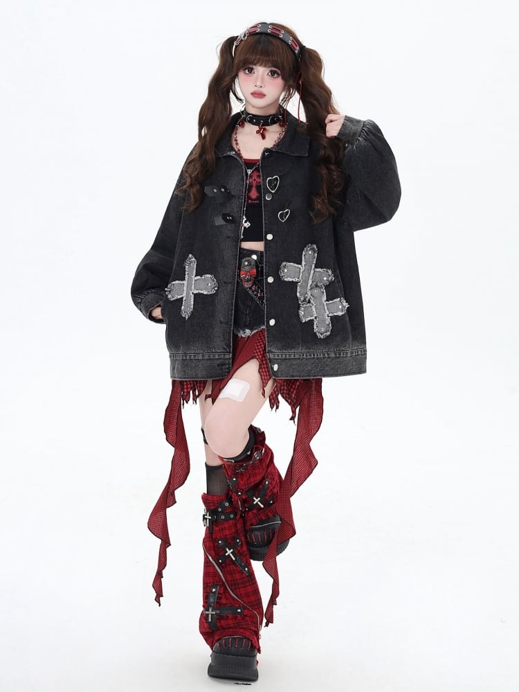 パンクロックスタッズクロスブラックルーズデニムジャケット
