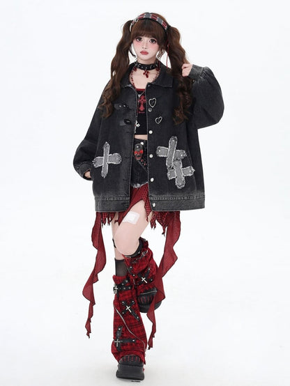 パンクロックスタッズクロスブラックルーズデニムジャケット