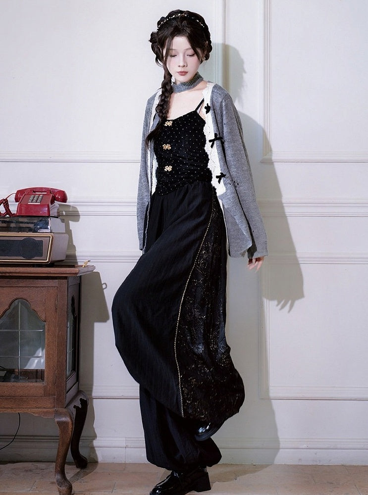 Chinese Style Black Silk Embroidered Lantern Pants with Elastic Waist - Luo Xiu Dong Xiang