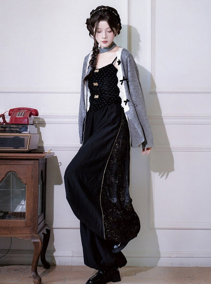 Chinese Style Black Silk Embroidered Lantern Pants with Elastic Waist - Luo Xiu Dong Xiang
