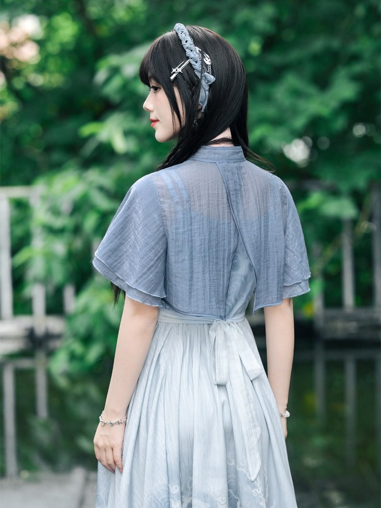 Blue Flutter Sleeve Cropped Top with Frog Button Detail - Quirky Hut