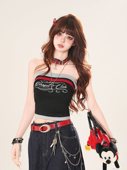 ネイビーブルー/ブラックレタープリントクロップドストラップレストップ