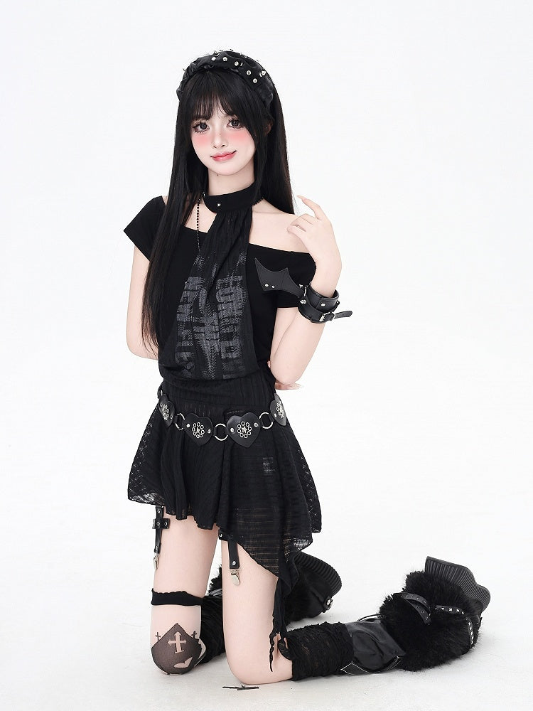 and All-in-one Hem Mini Punk Dress Choker Glamorous Black Asymmetrical Neckline and