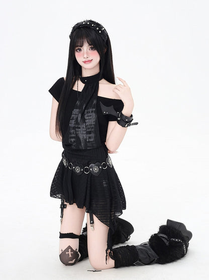 and All-in-one Hem Mini Punk Dress Choker Glamorous Black Asymmetrical Neckline and