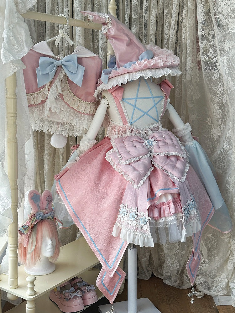 Rosa und Blau High Waist Süßes Hexenkleid Lolita Pulloverrock Komplettset