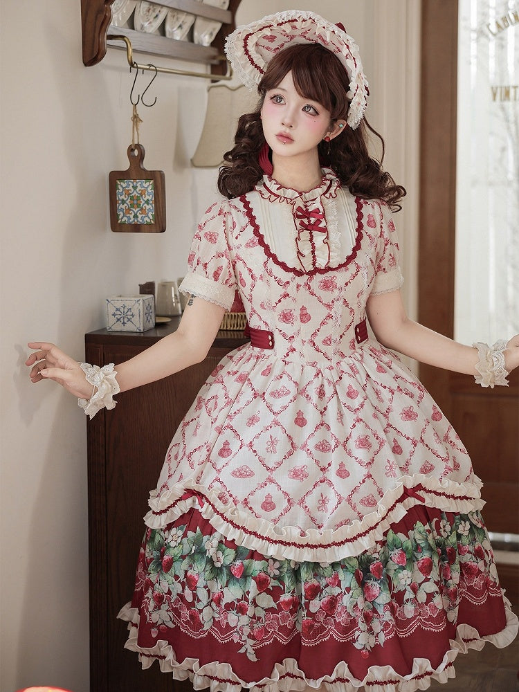Sweet Lolita Strawberry Floral Printed OP Gown with Lace and Ribbon Accents - Currant