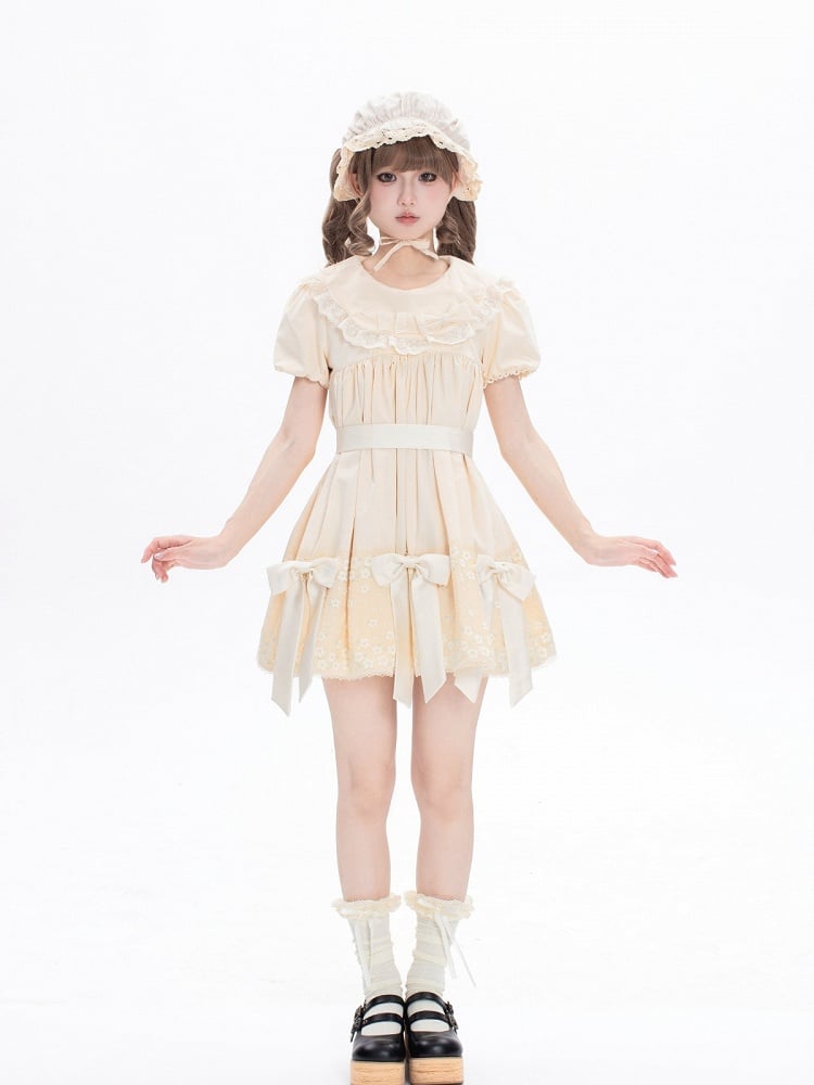 Sweet Beige Crew Neck Short Sleeve Lolita Dress Bow Accents - New Tea