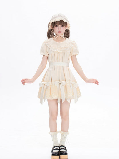 Sweet Beige Crew Neck Short Sleeve Lolita Dress Bow Accents - New Tea