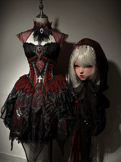 Black & Red Bone Dragon Embroidery Halter Neck Gothic Lolita Dress Set - Ying Luo Fu