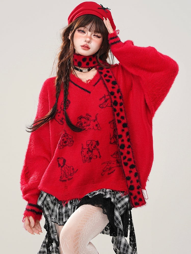 Grauer, lockerer Pullover mit V-Ausschnitt und kostenlosem Schal