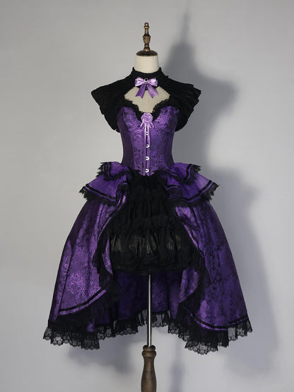 Gothic Lolita Boned Corset Top with Tiered Skirt and Collar in Purple and Black - Somnium Isle