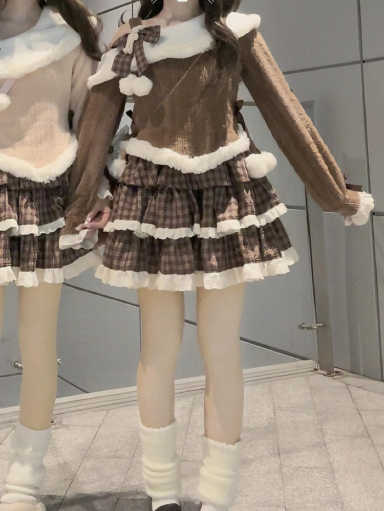 Top Shoulder Sweet Set Skirt Brown Cutout Plaid Lolita + Knit