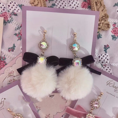 Colors Decorated Bow 3 Pompom Earrings