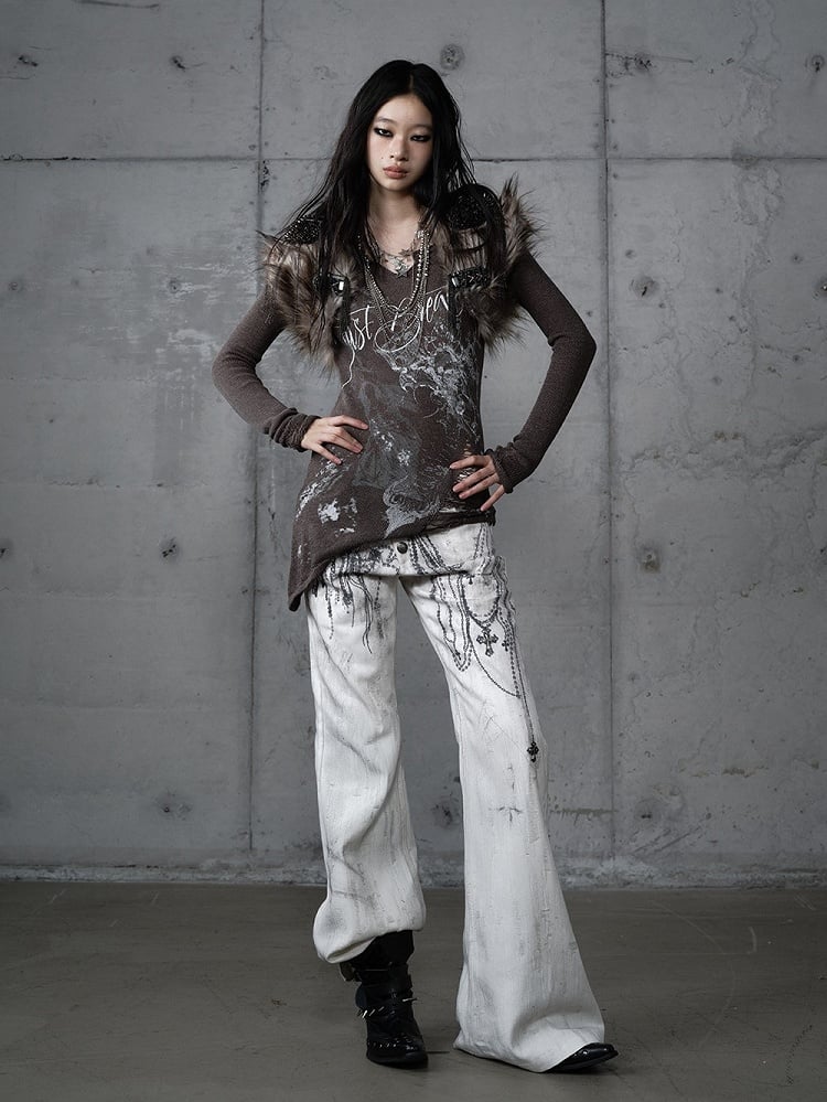 mit Kettennieten Print Punk Cross Hose Button-Up Wide-Leg Fly Weiß