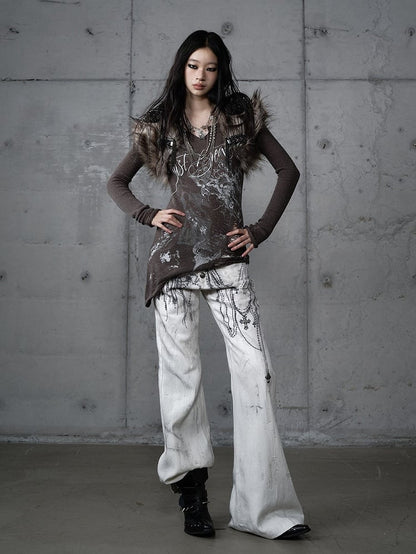 mit Kettennieten Print Punk Cross Hose Button-Up Wide-Leg Fly Weiß