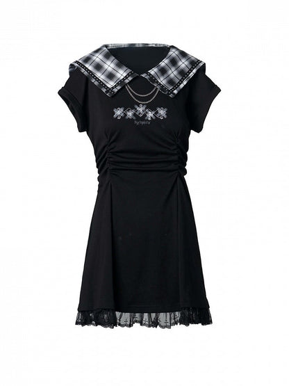 Dark Kawaii Black Plaid Sailor Collar Short Sleeve Dress with Cross Motif & Lace Trim, Gathered Waist - PINK SAVIOR