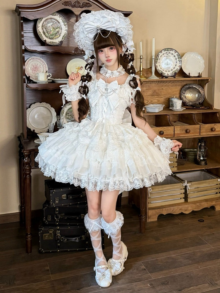 White Ballet Style Lace Ruffle Lolita JSK Dress with Bead Chain Bow Details - White Sugar Girl