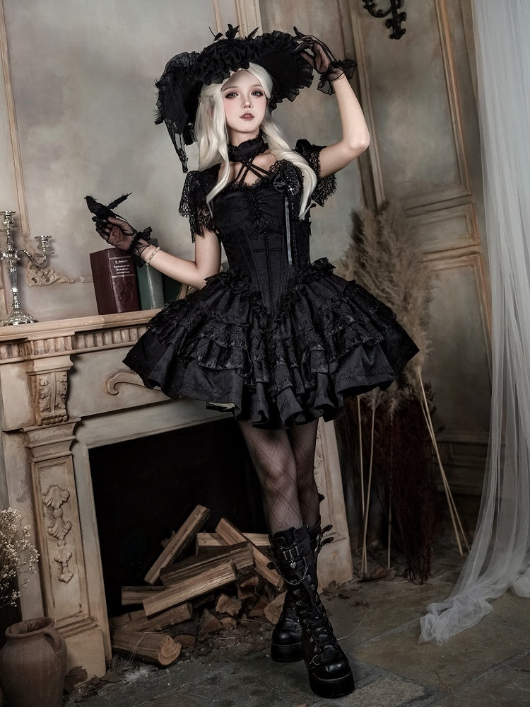 All Black Gothic Lolita Full Set – Halter Lace Top + Cropped Bolero + Boning Corset Skirt | The First Witch