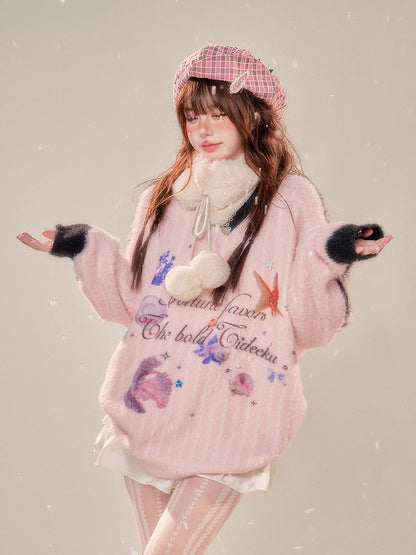 V-Neck Plush Sweater with Oceanic Prints Cozy Pink Stripes