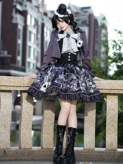 + Gothic Set Waist Skirt Bunny High Cropped Magician Coat Print Lolita Lapel Sleeveless Purple - Top