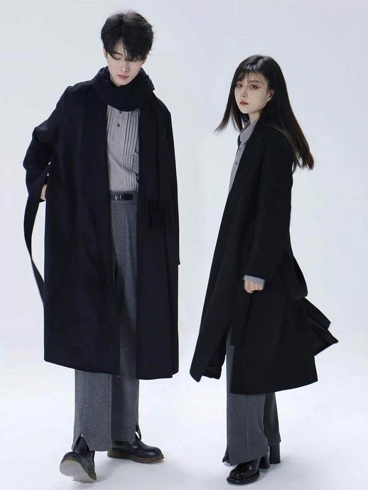 with Slit Black Open Belt Ouji Coat Side Placket Design Hem Unisex Set