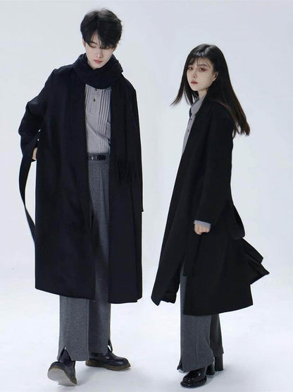 with Slit Black Open Belt Ouji Coat Side Placket Design Hem Unisex Set