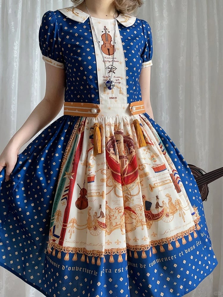 Short Dark Blue Musical Print Peter Pan Collar OP Dress with Tassels - Crucis Universal Tailor Company